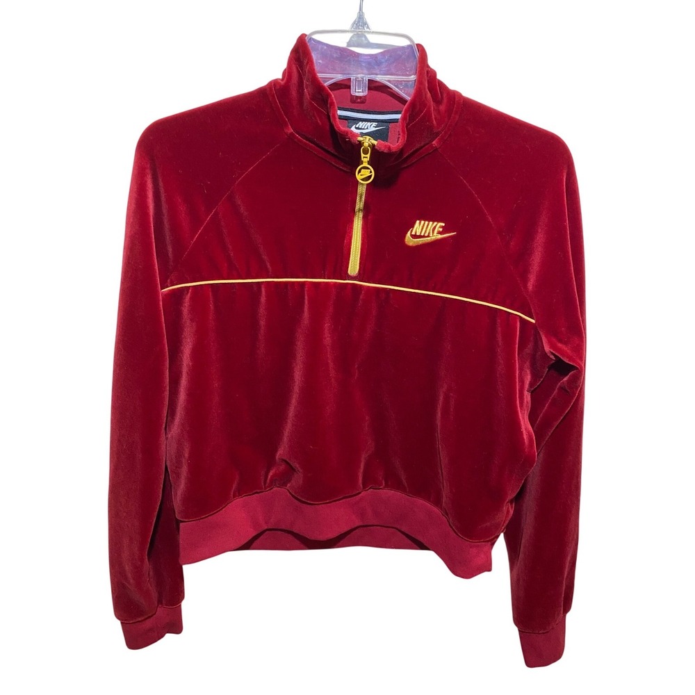 Nike Womens Velour Quarter Zip Pullover Burgundy Gold Cropped Track Jacket Sz M